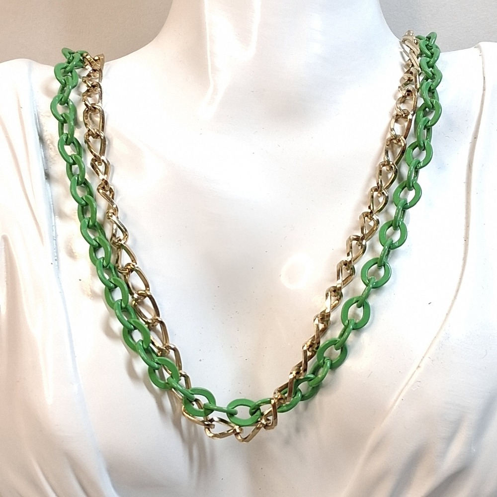 Green Enamel and Gold Tone Double Strand Curb Link Chain Necklace